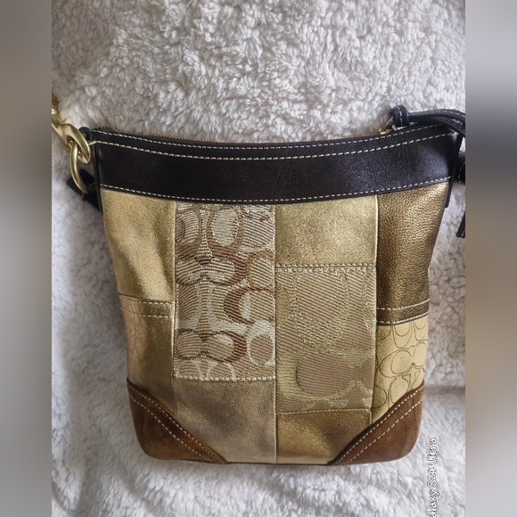 Coach Patchwork Bag Signature Fabric Leather Tan Brown Shoulder Purse - Picture 2 of 7